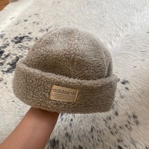 Tan fuzzy adidas beanie hat